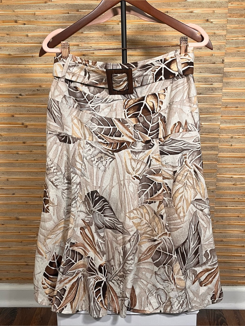 Linea Domani Tropical Leaf Print Belted Midi Skirt Size 2 Tan Brown Boho